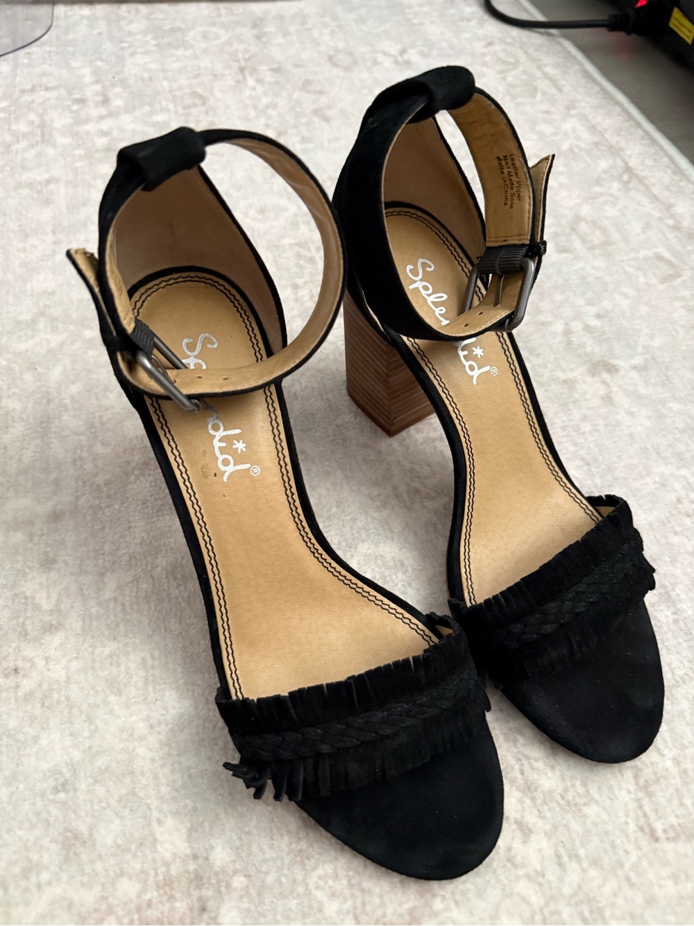 Splendid Black Suede Braided Fringe Ankle-Strap Block Heels